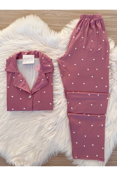 Pijamacs Dusty Rose Tiny Heart Pattern Long Sleeve Soft Feeling Pajamas Set