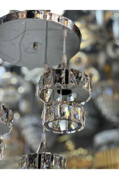 Avize Kristal 3 Lü Yuvarlak Gümüş Modern Sarkıt Mutfak Oturma Odası Salon Sarkıt Avize.
