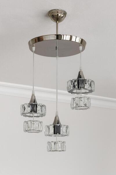 Avize Kristal 3 Lü Yuvarlak Gümüş Modern Sarkıt Mutfak Oturma Odası Salon Sarkıt Avize.