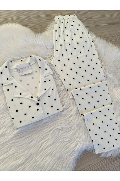 Pijamacs White Polka Dot and Heart Pattern Long Sleeve Soft Feeling Pajamas Set