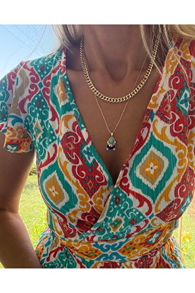 Vip Altın Kaplama Mavi Kare Tasarım Kolye Kararmaz 14K Rengindedir 51+ 5cm