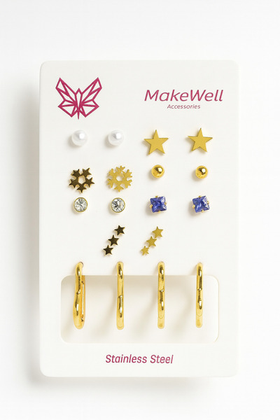 MakeWell Steel Butterfly Cherry Hello Kity Star Snowflake Heart Clover Eiffel Zircon Pearl Ring Earring Set