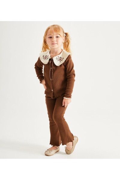 Pinkitokids Collar Embroidery Detailed Knitwear Girl's Cardigan and Leggings Set-Brown
