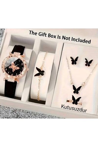 BBS Kadın Kelebek Desenli Saat Bileklik Kolye Küpe Yüzük 5'li Takım - Kutusuz