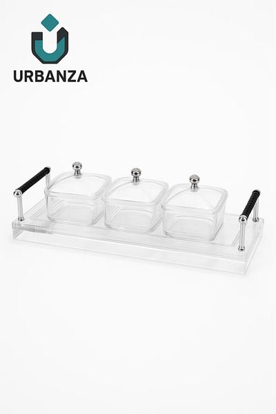 Urbanza 3-Piece Glass Serving Set with Black Handle Tray – Stylish Table Organizer