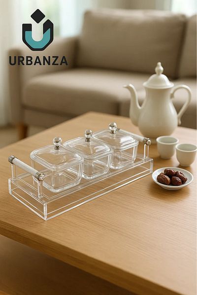 Urbanza 3-Piece Glass Serving Set with White Handle Tray – Elegant Table Organizer