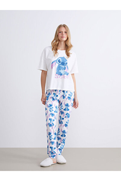 LC Waikiki Ekru Bisiklet Yaka Stitch Baskılı Kadın Pijama Takımı