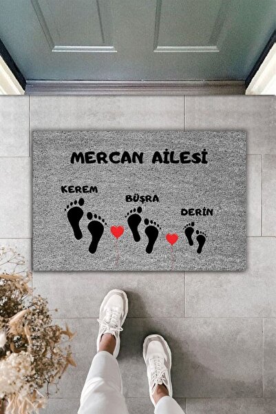 Dormot سجادة أرضية حديثة - تصميم مخصص لبصمة قدم العائلة باللون الرمادي والأبيض - سجادة باب أمامية بتصميم شخصي