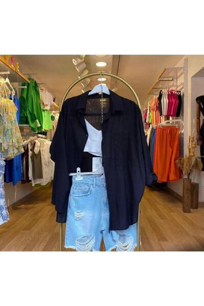 blackbonds Kadın siyah Keten Gömlek Yazlık Oversize Gömlek Yeni Sezon