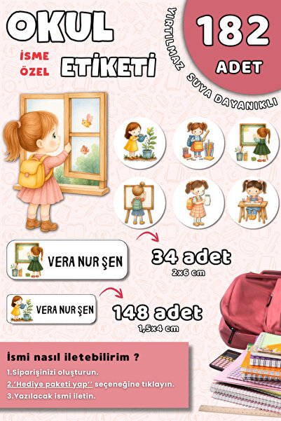 Hume Craft 182 Adet Sevimli Kız Çocuğu Temalı İsme Özel Okul Etiketi Kalem ve...