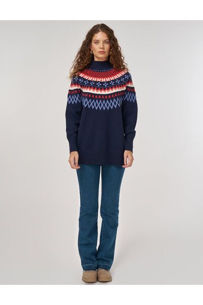 Kayra Turtleneck Patterned Knitwear Tunic Dark Navy Blue