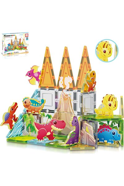 erorex 38Pc Magnet Tiles Building Blocks Dinosaur Theme Set 8 Magnetized Action Figures Magnetic