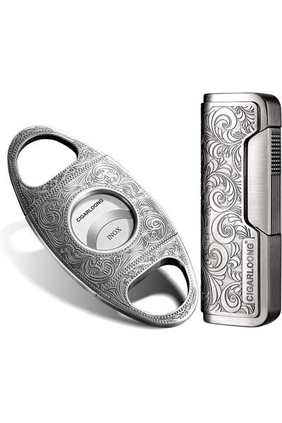 erorex مجموعة ولاعة سيجار مع شفرة شحذ ونقش مقصلة سيجار ولاعة فضية منحوتة بتصميم كلاسيكي