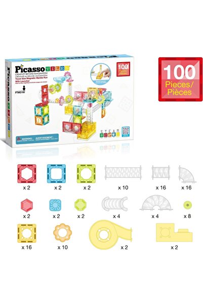 erorex 100Pc Magnetic Marble Run Travel Size Tile Blocks Construction Kids Toy Set Go Mini Magnet Tiles