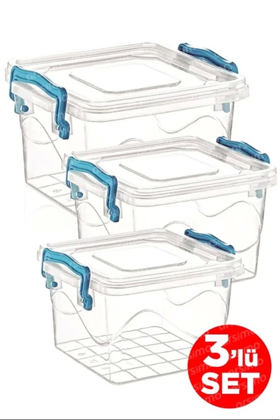 No8 Home Set of 3 Square Clamp Transparent Storage Containers| Storage Container Set with Lid 2.4 Lt - 1.2 Lt - 550 Ml Roy