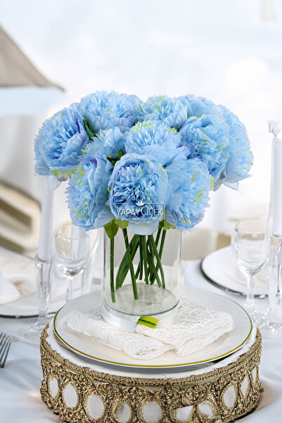 Yapay Çiçek Deposu Yapay Çiçek 5li Açmış Lüx Şakayık Gül Buketi Mavi