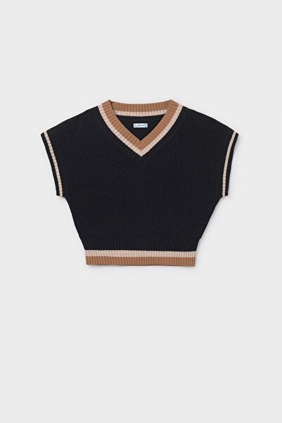 MAYORAL سترة تريكو مخططة برقبة على شكل حرف V للفتيات - أسود