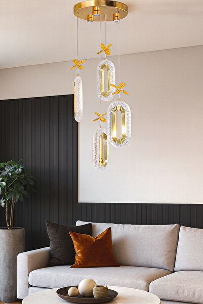 Turanconcept Doruk 4lü Modern Led Avize Gold Renk Kristal Görünüm Gün Işığı Enerji Tasarruflu Salon Yemek Odası