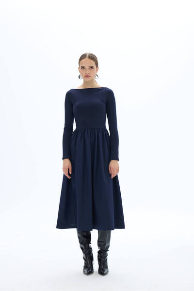 SevdeUgur Women's Maxi Length Stretchy Knitted Top and Poplin Skirt Stylish Navy Blue Dress / Sevde Ugur