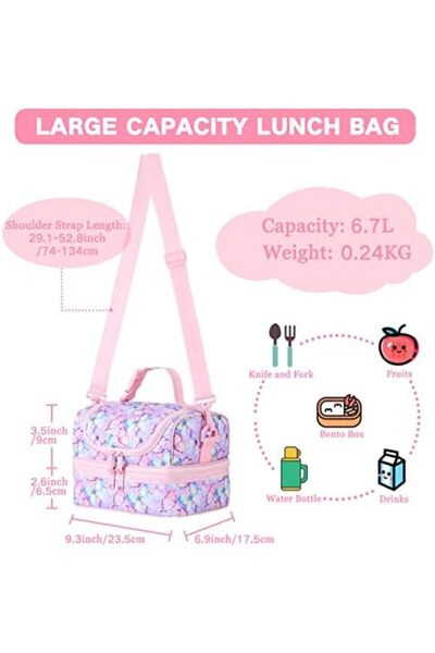 VASCHY Lunch Box Bag Kids, Insulated Two Compartments Bento Cooler Bags for Girls w Shoulder Strap f