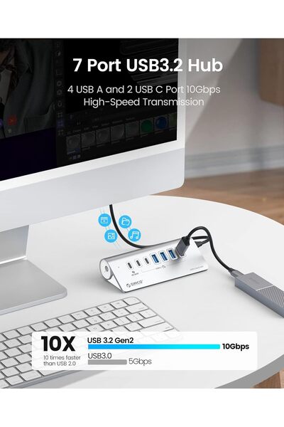 Orico 7-Port USB 3.2 Gen2 Powered Hub (10Gbps) with 1×PD 60W, 24V/3A Adapter — Silver