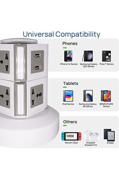 PADOM شريط طاقة عمودي عالمي، متعدد المنافذ (110 فولت - 250 فولت) مع منفذي USB، شاحن كهربائي
