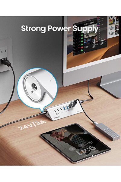 Orico موزع طاقة USB 3.2 Gen2 مزود بـ 7 منافذ (10 جيجابت في الثانية) مع محول 1×PD 60 واط، 24 فولت/3 أمبير — فضي