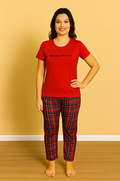 CHARME KADIN KISA KOL BASKI DETAYLI EKOSE PİJAMA TAKIM