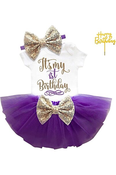 asmara طقم عيد ميلاد طفلتي الأول - بدلة جسم، تنورة توتو، عصابة رأس مزينة بالز...