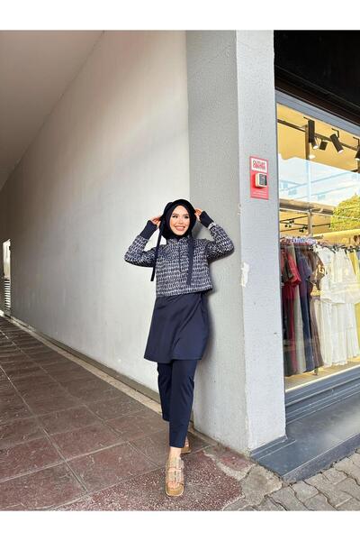 Minel Women's Navy Blue Full Covered Hijab Swimsuit Short Set of 2 K-044