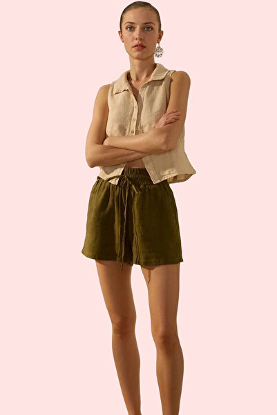 PayBuy Moda femei Pantaloni scurți de in cu talie înaltă cu picioare largi Pa...