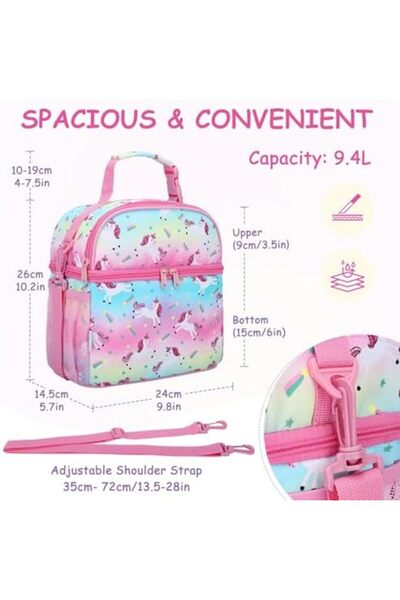 VASCHY Lunch Bag for Kids Girls, Insulated Double Compartments Cooler Lunch Box Tote Bag with Adjust