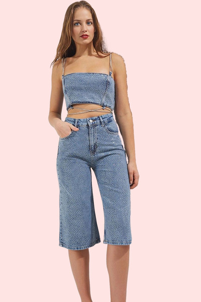 PayBuy Women's Fashion Denim Bermuda Shorts Stone Print Boyfriend Cut Cotton Summer Shorts Daily Use