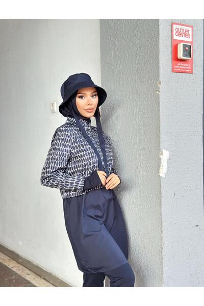 Minel Women's Navy Blue Full Covered Hijab Swimsuit Short Set of 2 K-044