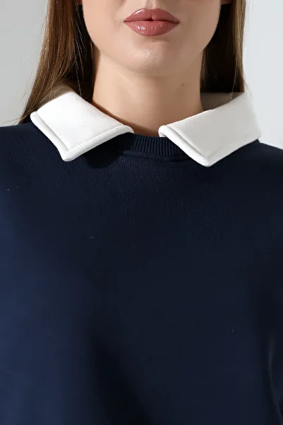 Endies Relax Comfortable Loose Wide Cut Shirt Collar Cotton Women's Sweatshirt 21985 Dark Blue
