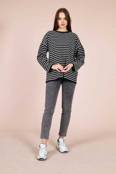 ŞİNDO GİYİM Kadın Oversize Çizgili Uzun Kollu Bluz Siyah–Beyaz