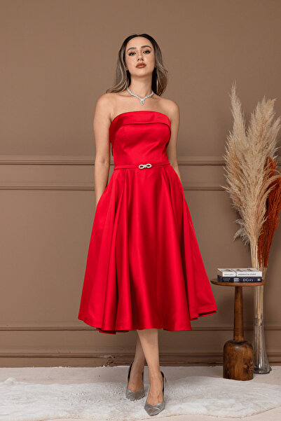 BEYBOS Rochie midi din țesătură satinată cu detaliu șnur la spate - ROȘU