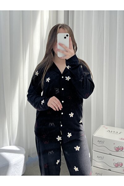 Lena Homewears Σετ πιτζάμες με μαύρο σχέδιο μαργαρίτα με κουμπιά Termosoft