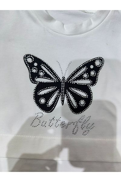 Tk Tela Kids Kiz Double Set 2/3/5 Age Range White Color T-Shirt Overz Khaki Color Butterfly Stone Pattern