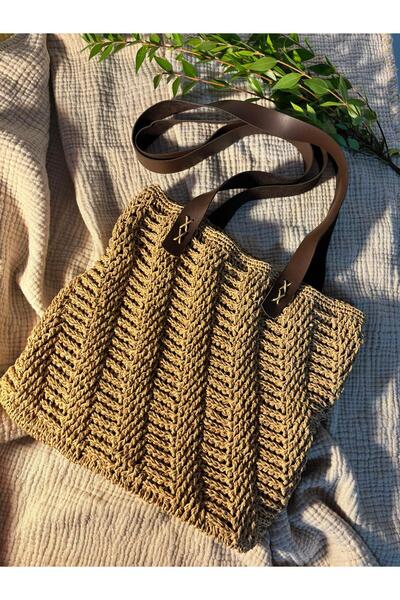 ARDEN HOBİ TASARIM Hand-Knitted Raffia Paper Rope Authentic Shoulder Bag / Straw Bag / Side Bag / Arm Bag