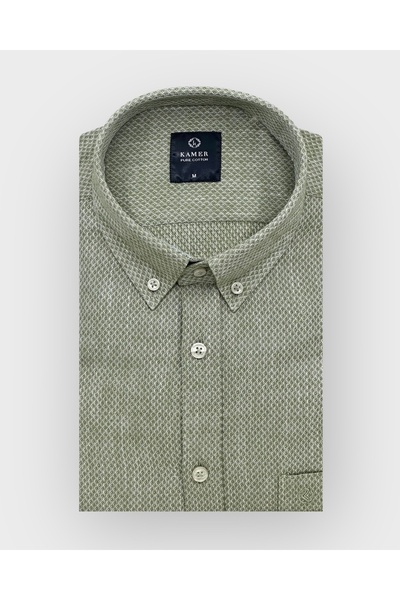 KAMER Men's Regular Fit Long Sleeve 100% Cotton Button Collar Patterned Green Shirt 3807Y