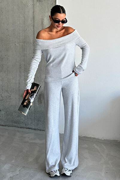 Know Gri Selanik Kumaş Madonna Yaka Alt Üst Pantolonlu Takım