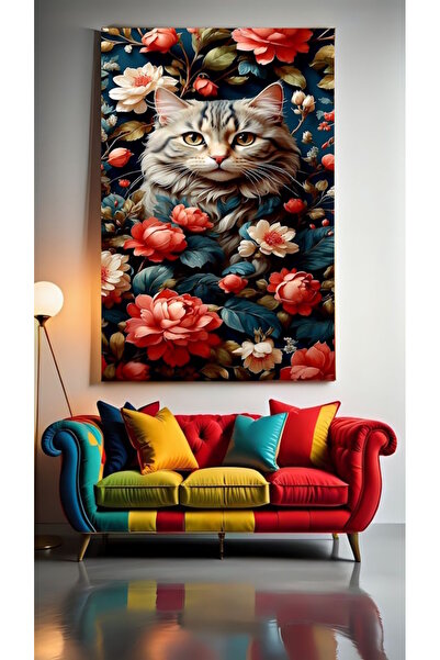 özkacar Pictură pe pânză cu model floral, pisică, pentru acasă, perete, salon...