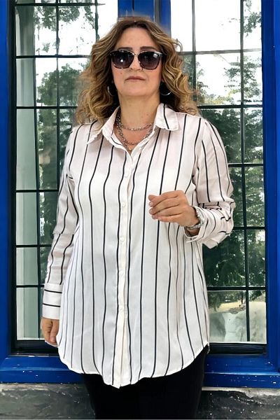 yagmurberen Wide Cuffs, Navy Blue Striped, Large Size Satin Shirt