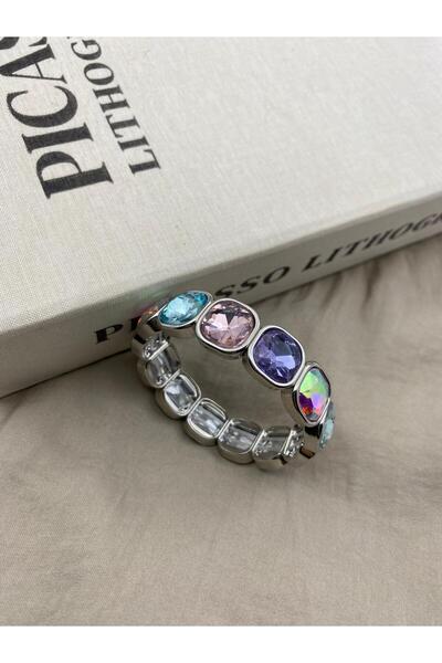 Hedef Bijuteri Mixed Color Crystal Stone, Silver Color, Elastic, Baguette Model Bracelet