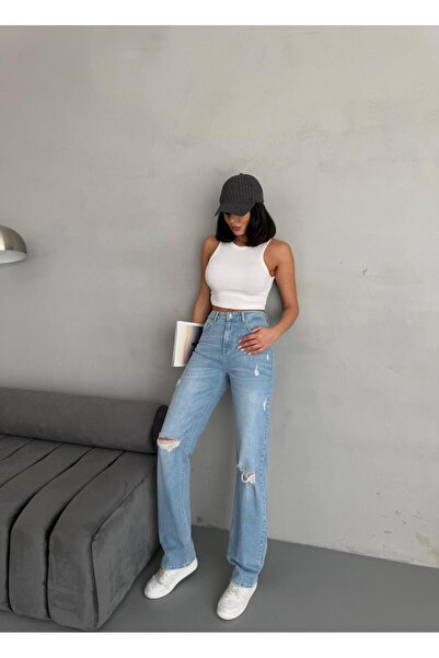 XBELLA DENİM Dámské rovné džíny s detaily roztrhání, lycrou a rozšířenými noh...