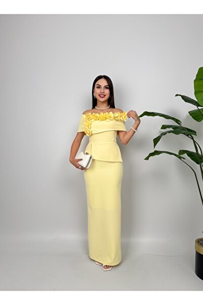 GİZONLY Kadın Çiçek Detaylı Omuz Açık Uzun Abiye Elbise Mezuniyet Nişan Davet