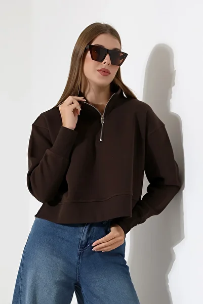 Endies Relax Comfortable Loose Wide Cut Half Zipper Side Slit Cotton Women's Sweatshirt 21967 Brown