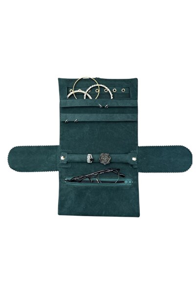 STAND MARKET Velvet Jewelry and Jewellery Travel Roll Organizer – Green 35X20 cm