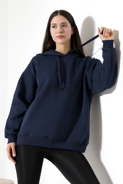 Endies Relaxed Fit Hooded Loose Oversize Wide Sleeves Basic Women's Sweatshirt 21966 Dark Blue